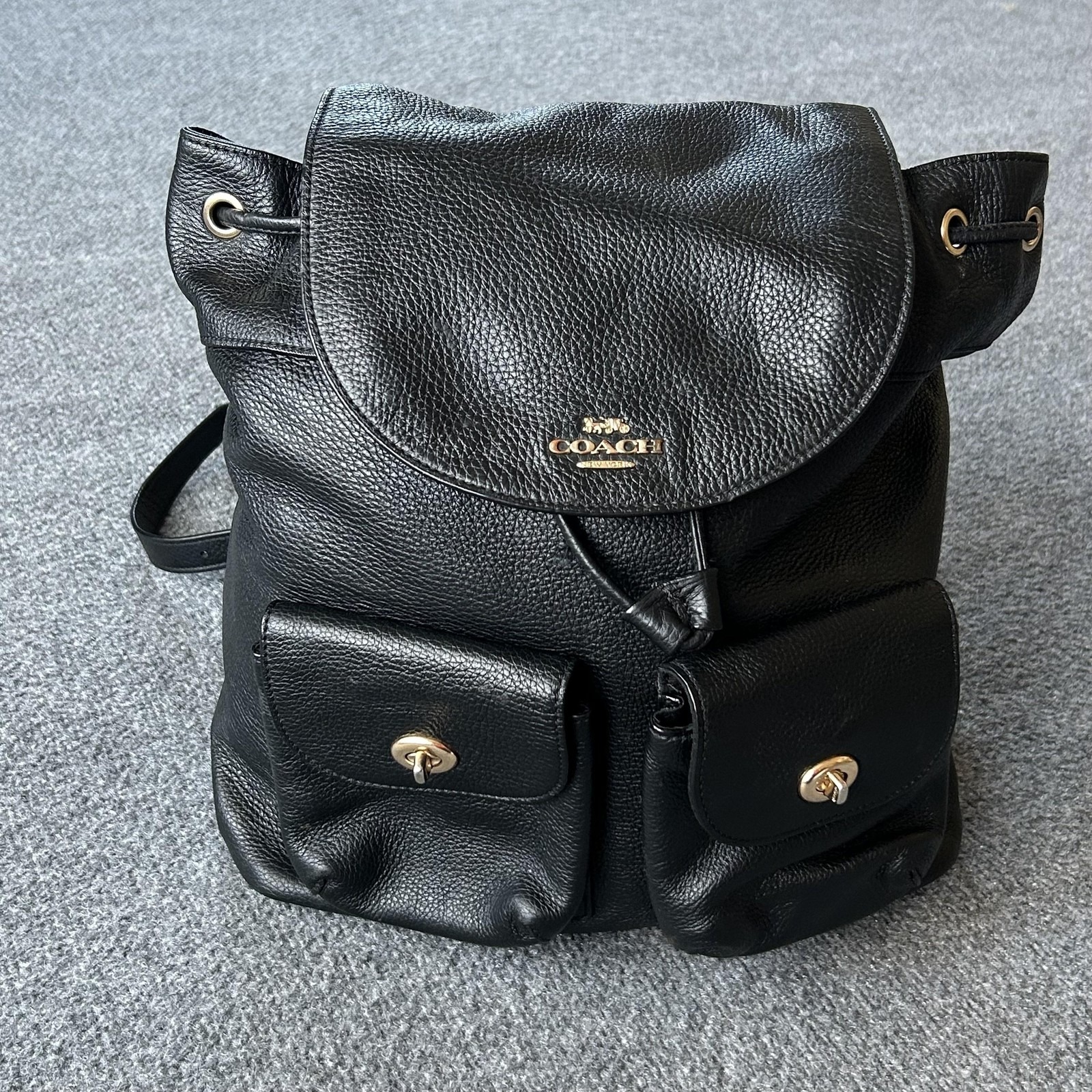 Coach Backpack Billie Billy Black Pebbled Leather Gold Mini Drawstring Classic